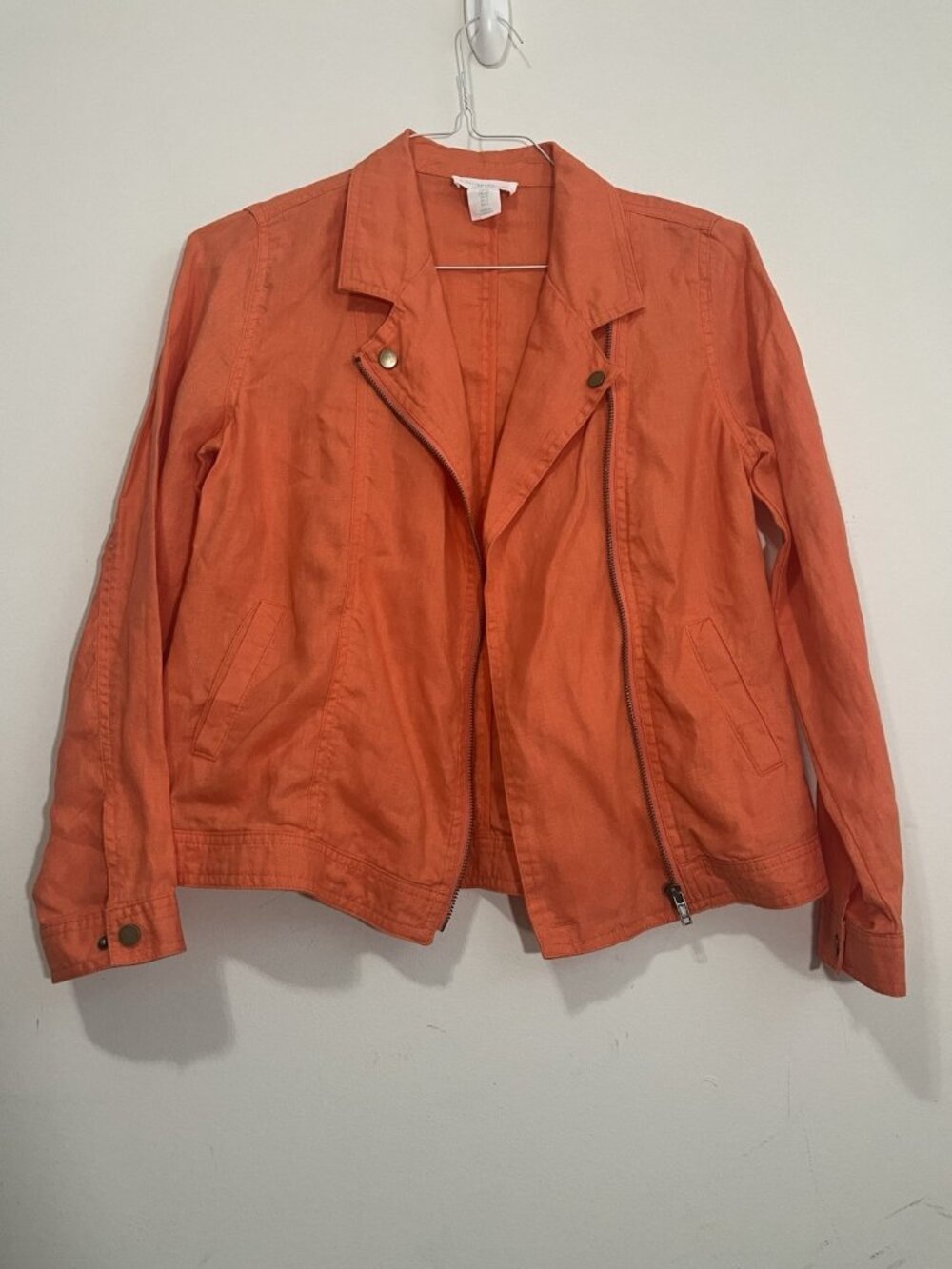 Cynthia Rowley Orange 100% Linen Moto Jacket Womens Size S Full Zip Lightweight